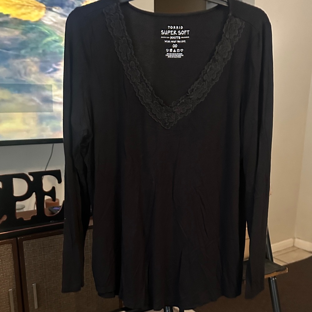 Torrid Black Lace Trim V-Neck Blouse